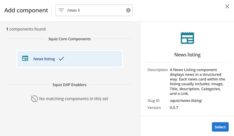 news listing component select