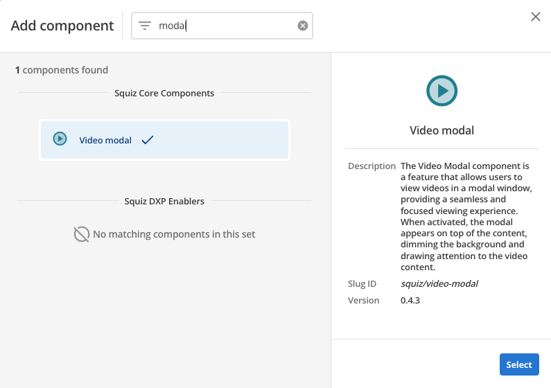 video modal component select