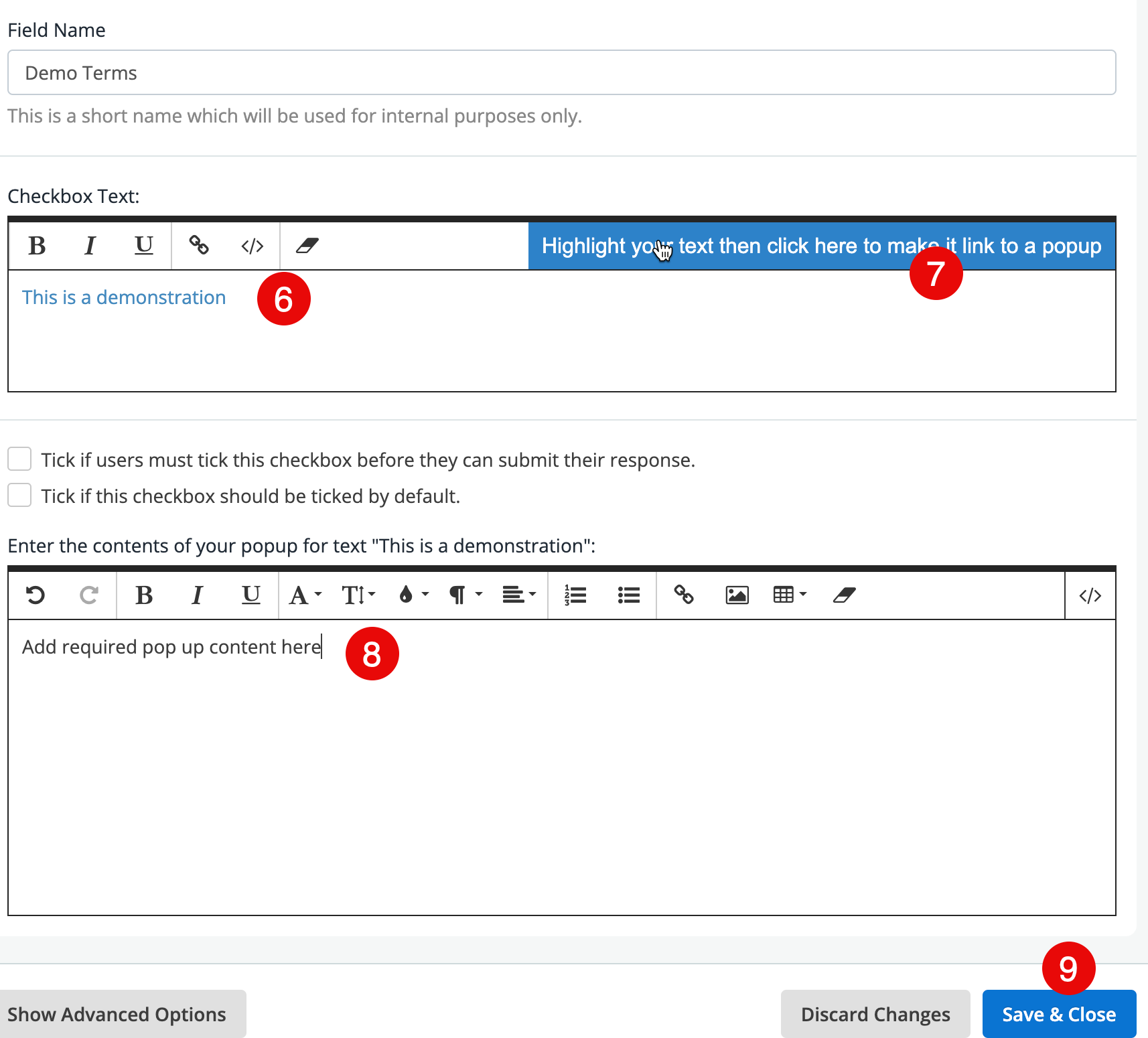 checkbox field settings popup