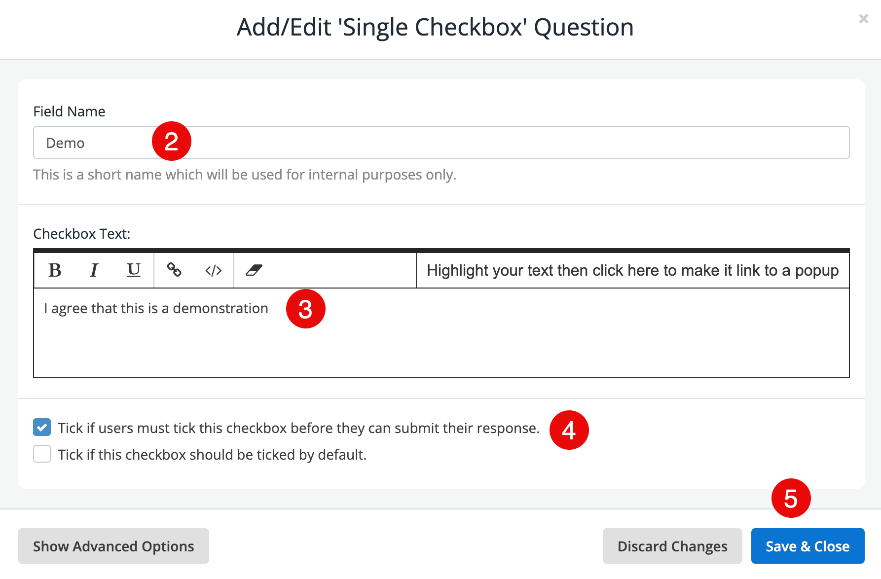 checkbox field settings