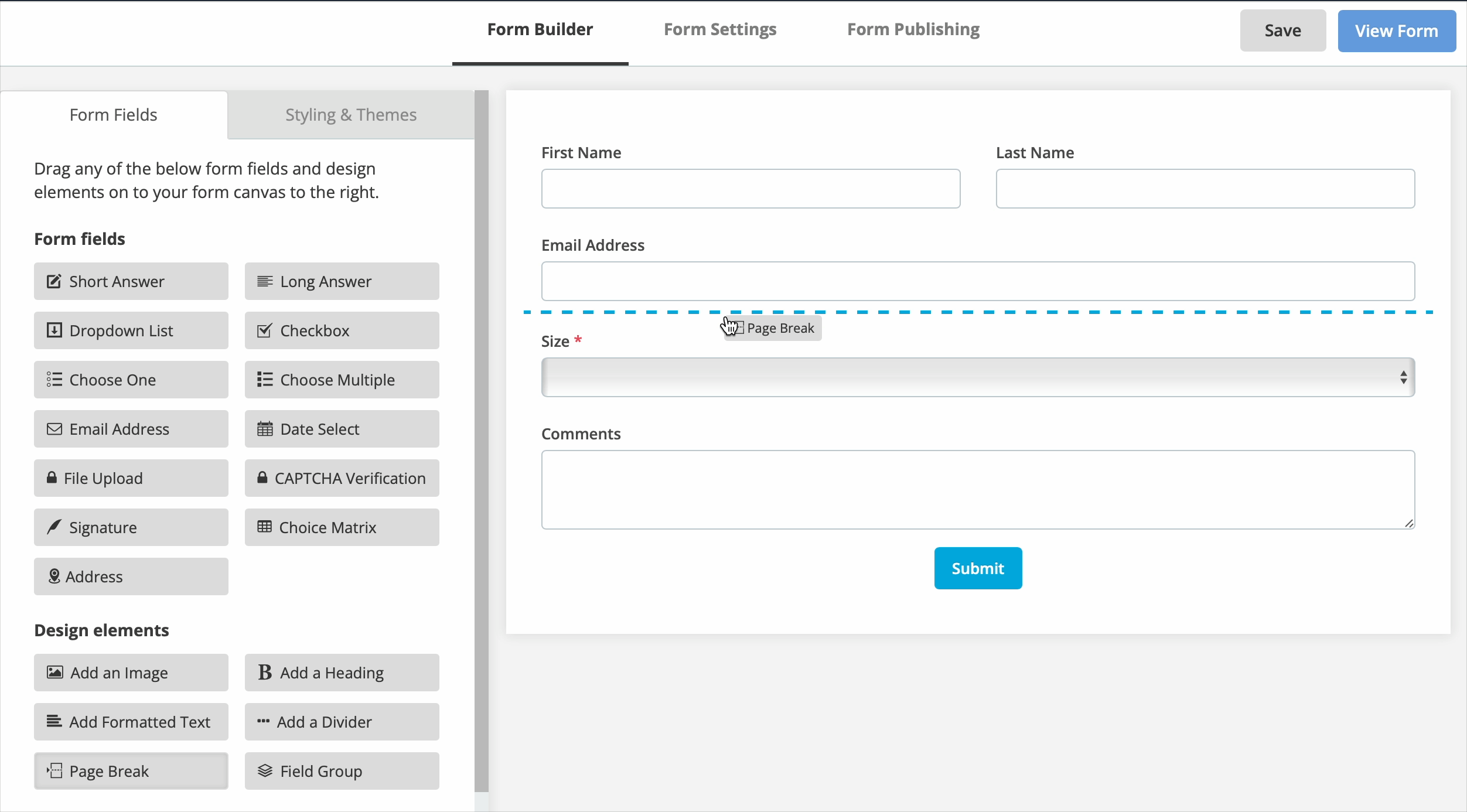 drag page break component to form