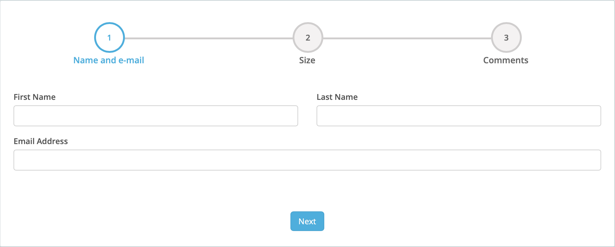 form with three step horizontal indicator step 1