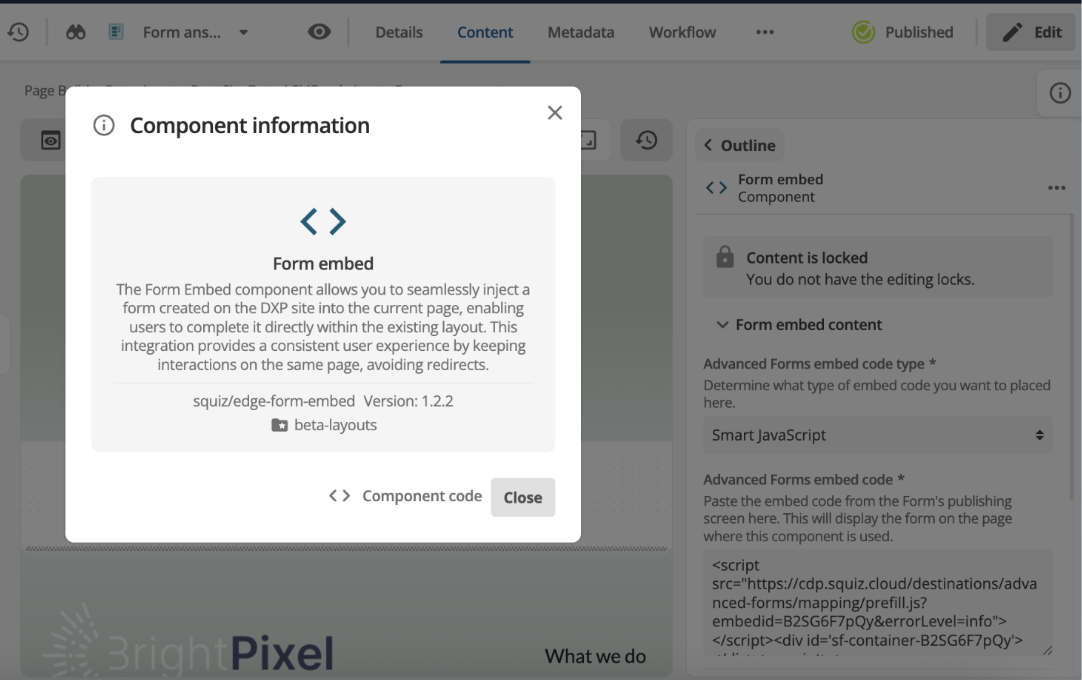 Add Component dialog showing the squiz/edge-form-embed component selected