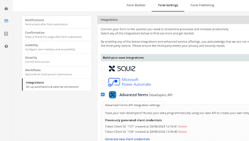 Integrations page showing Advanced forms Developers API section with credentials