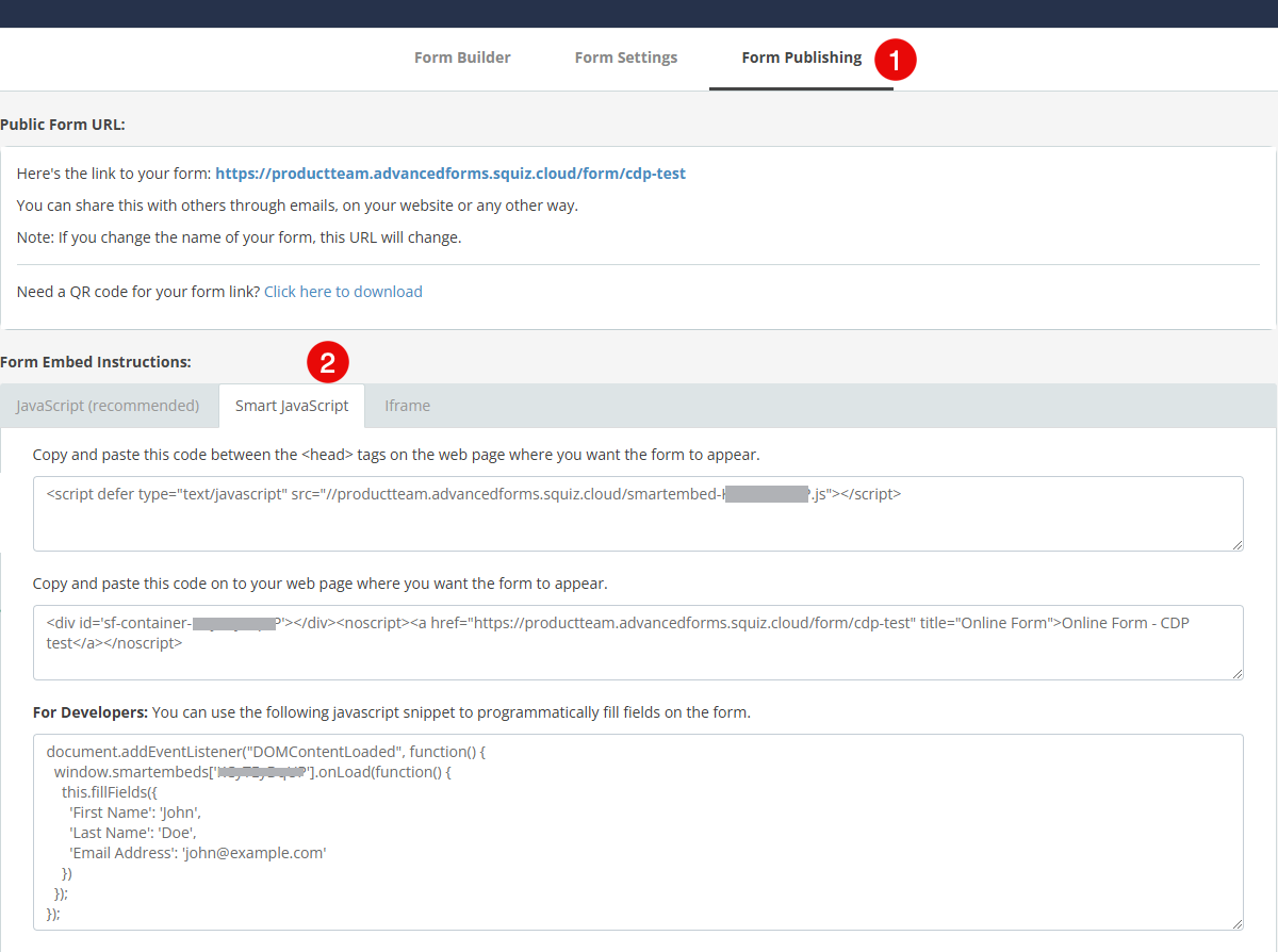 The Form Publishing tab with Smart JavaScript selected showing the script and container tags.
