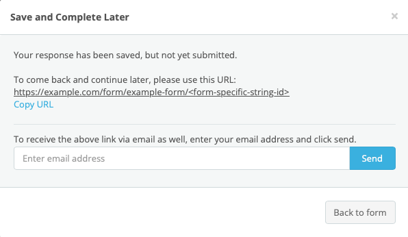 form settings usability save and complete later copy url or email url dialog