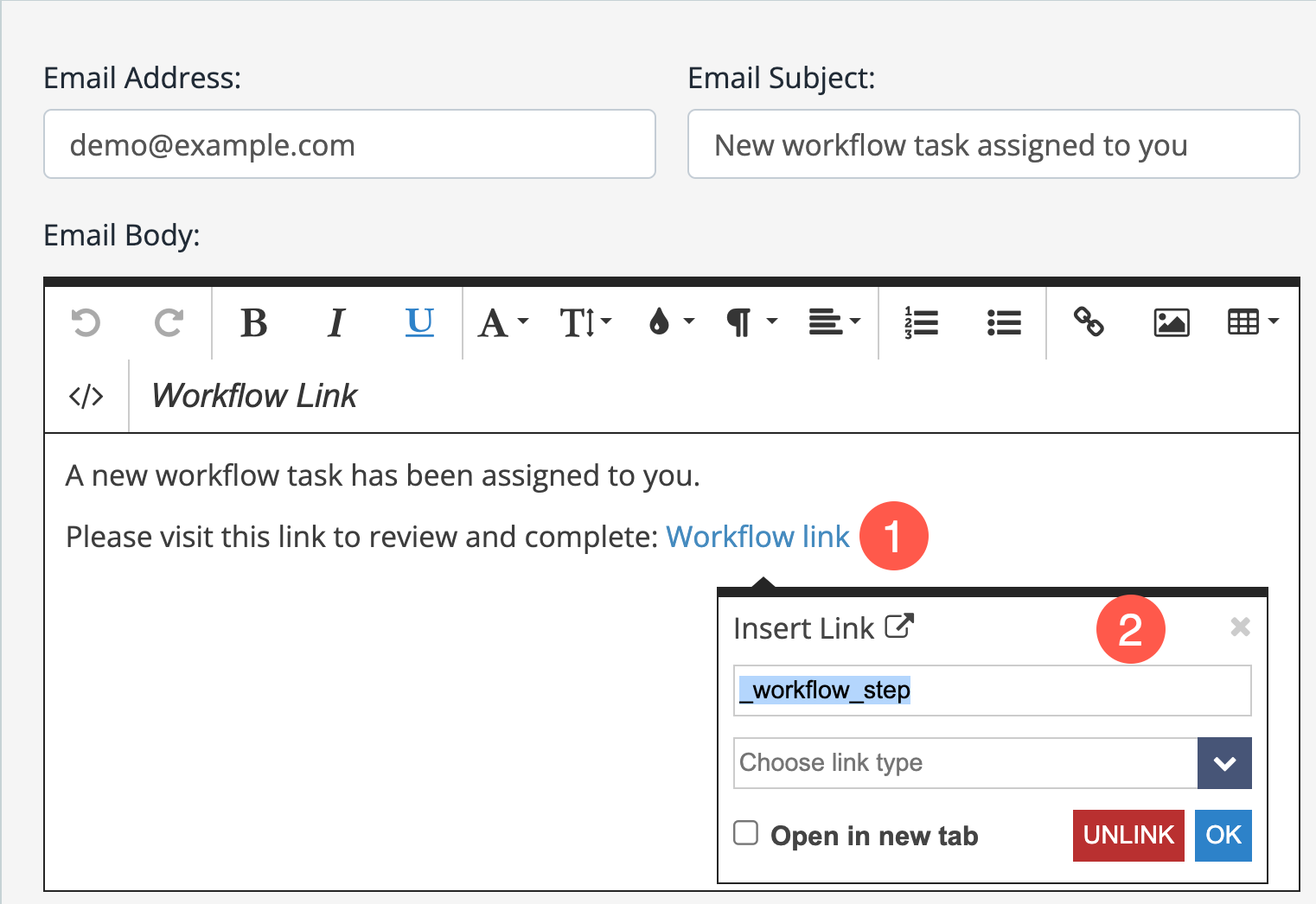 Workflow step link configuration