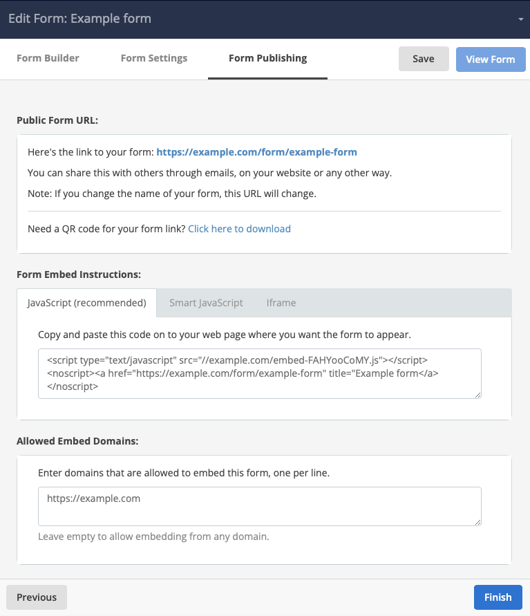 form publishing embed instructions example form