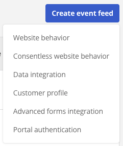 Create event feed menu showing Website behavior and Consentless website behavior options