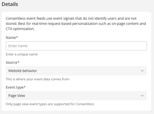 Consentless website behavior event feed details