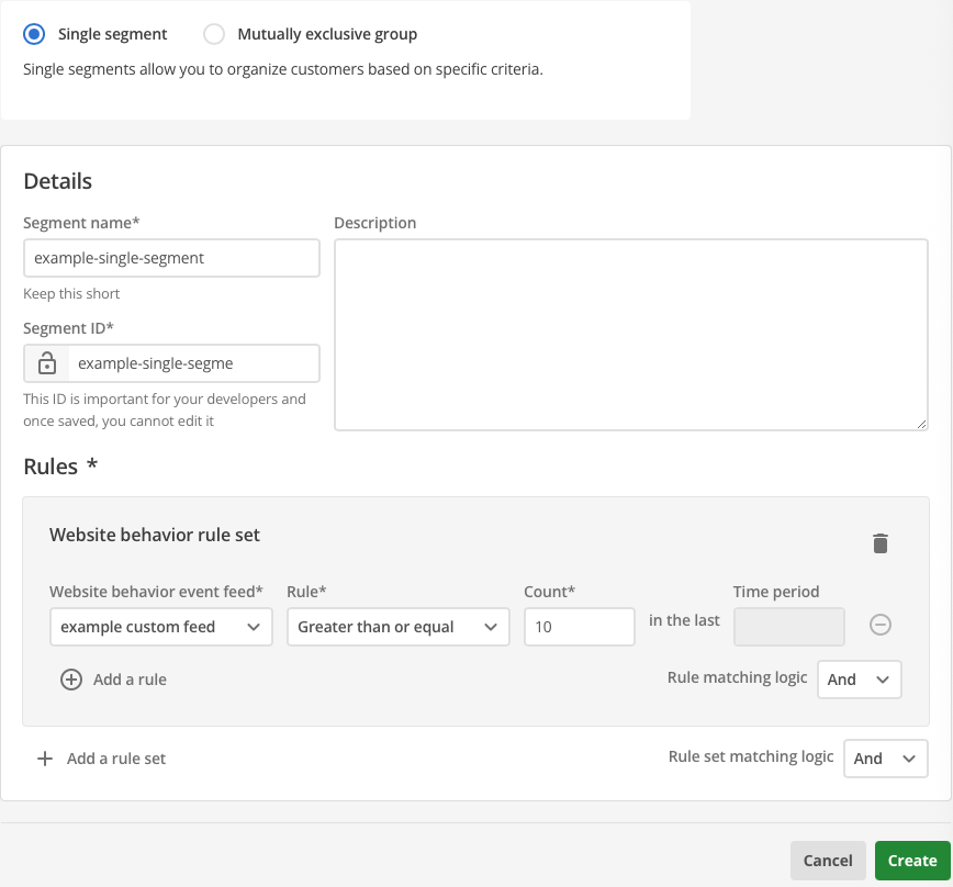 create a single segment add a website behavior event feed rule