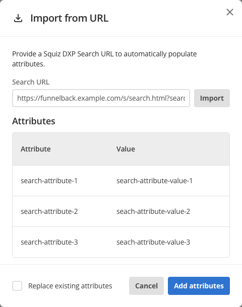 event feed squiz dxp search attributes import from url with pasted url