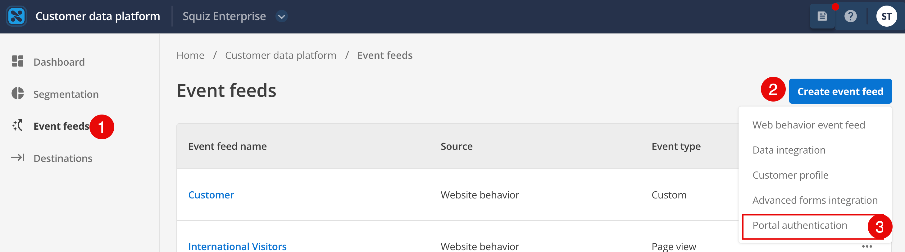 The Portal Authentication option in the Create event feed menu.