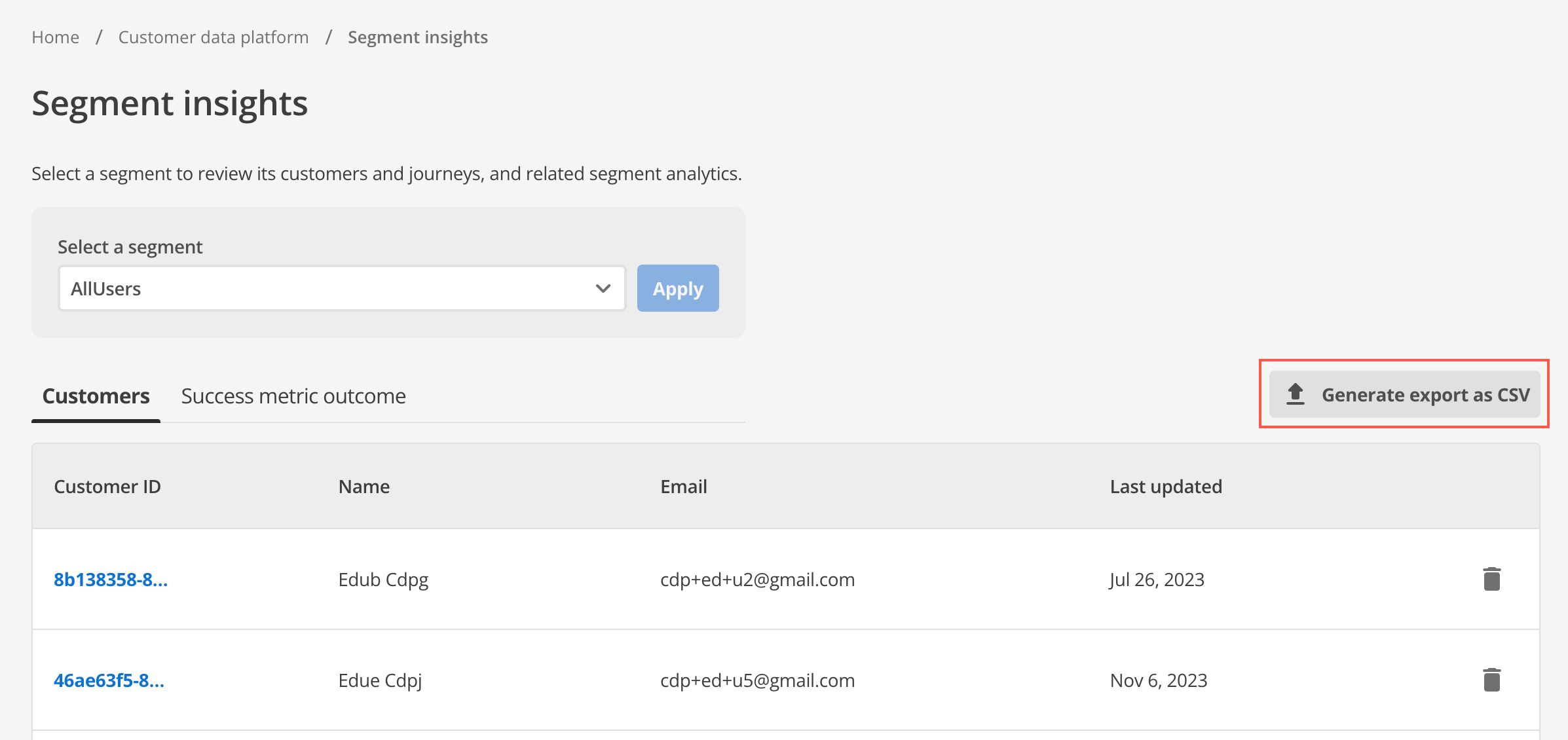 Generate export button