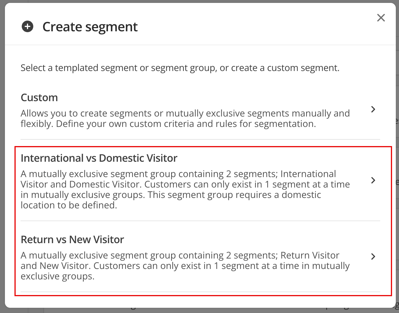The CDP segment creation screen showing available segment templates.