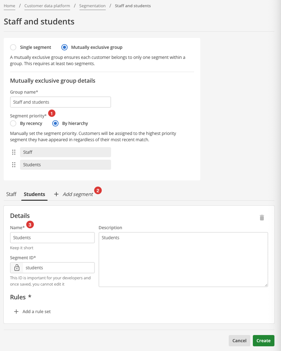 mutually exclusive segments by hierarchy