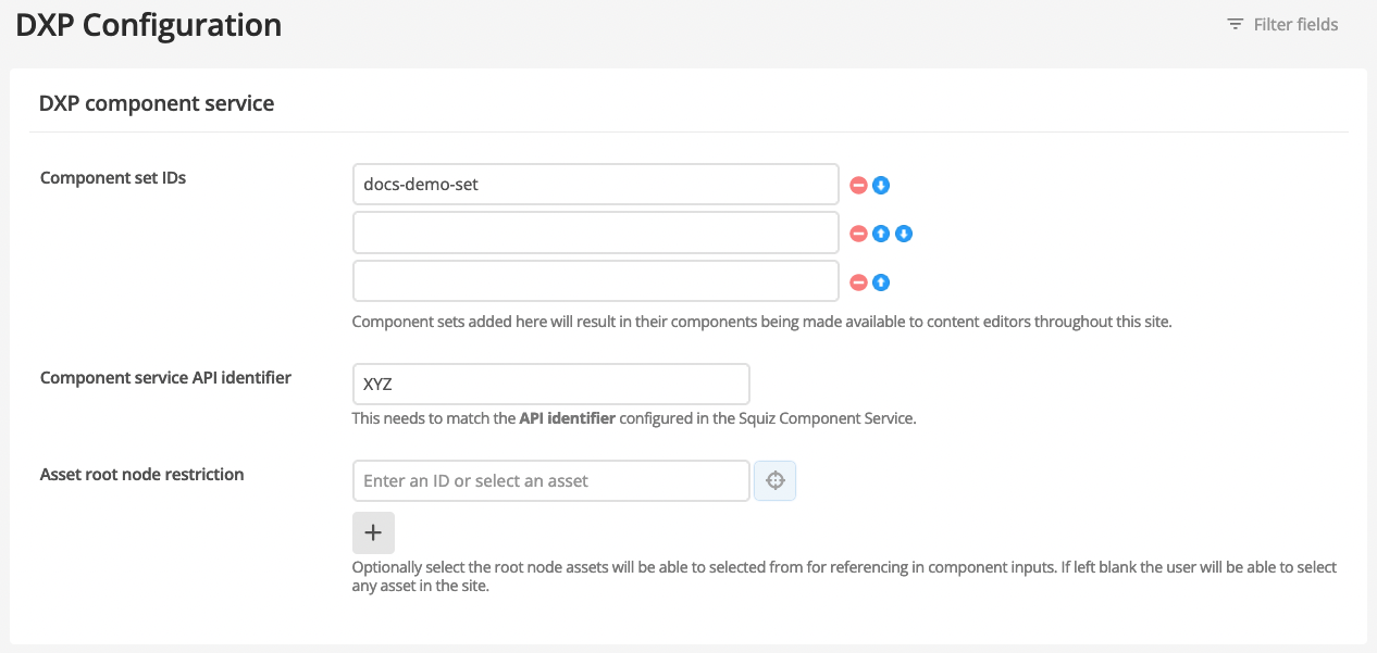 The DXP Configuration section showing fields: Components set ID