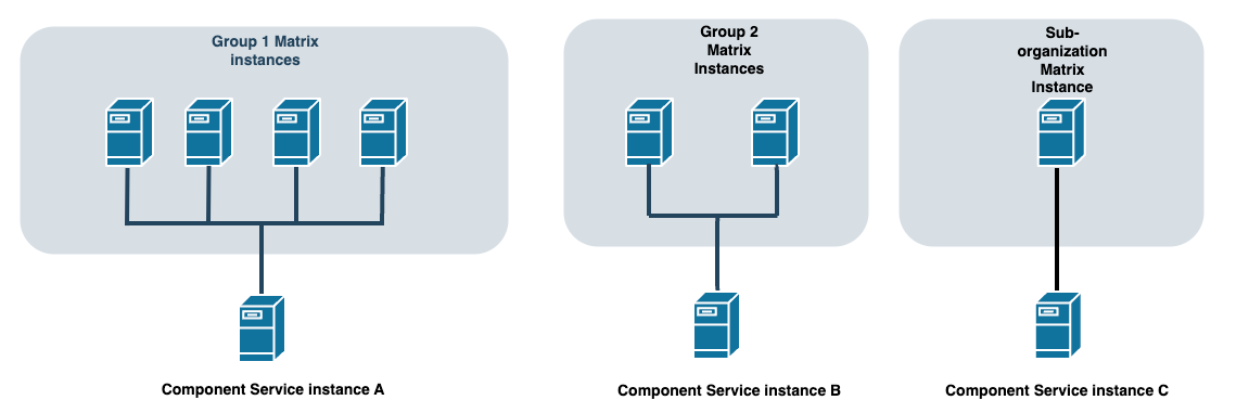 This diagram shows a group of Squiz Content Management Service instances all joined to one Component Service instance