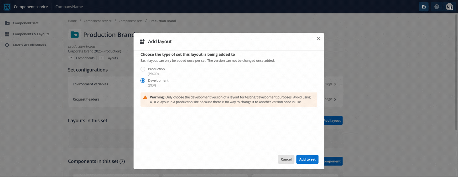 Screen capture of the Component Service