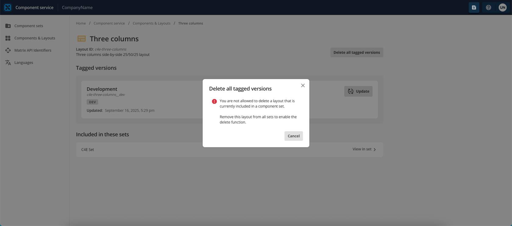 Error shown if a layout is part of a component set