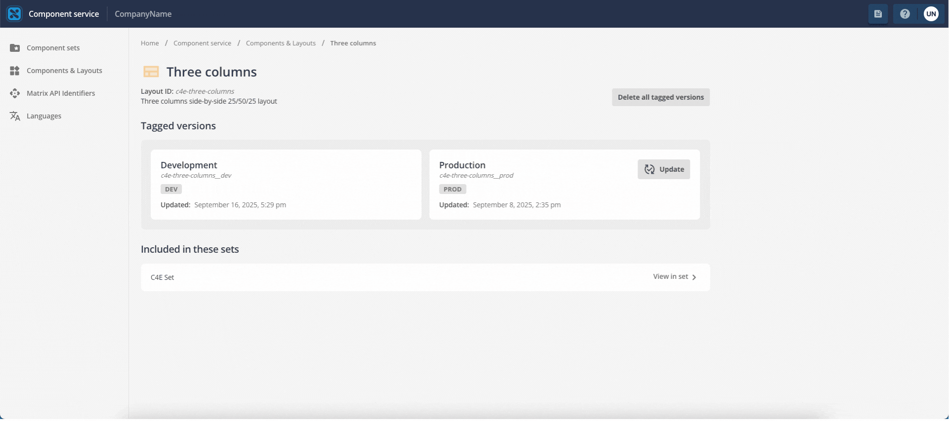 Screen capture of a layout in a component set