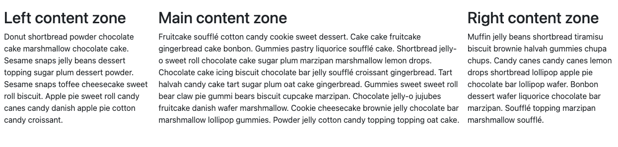 Layout preview showing three columns with placeholder content
