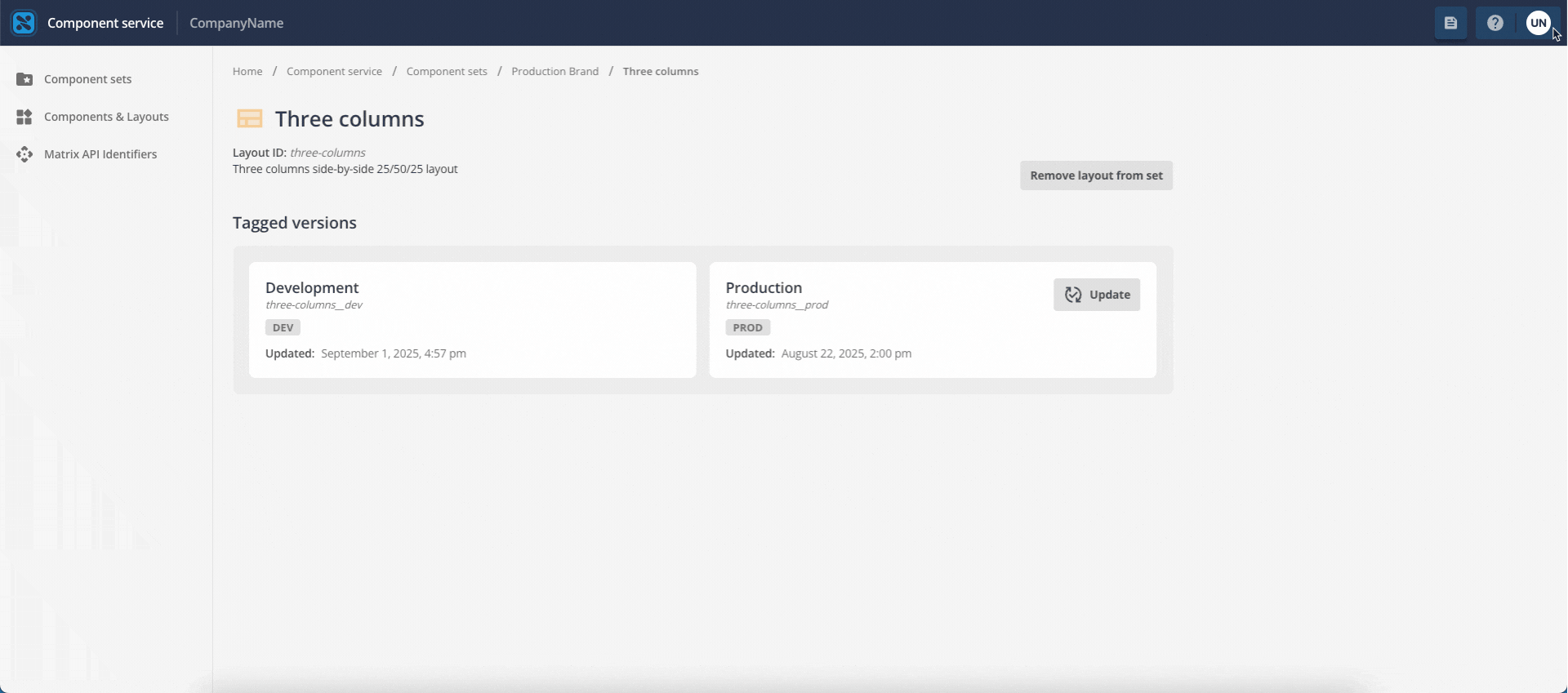Screen capture showing layout version information