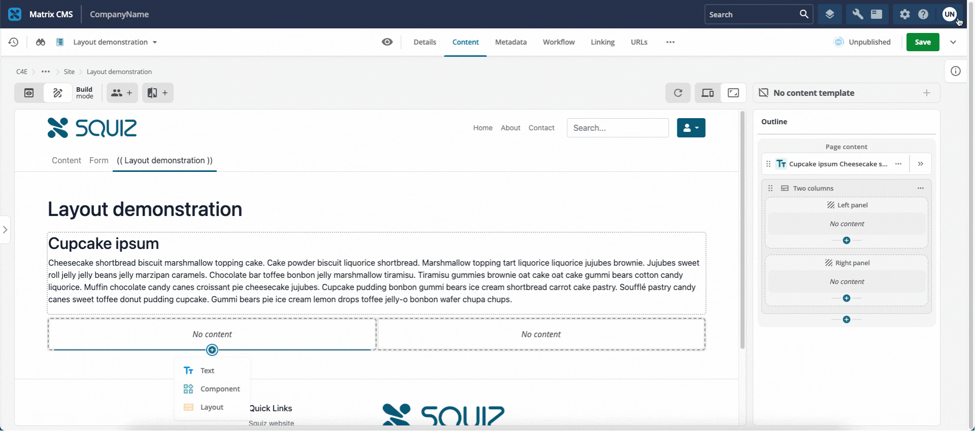 Screen capture showing how to add content blocks to layout zones