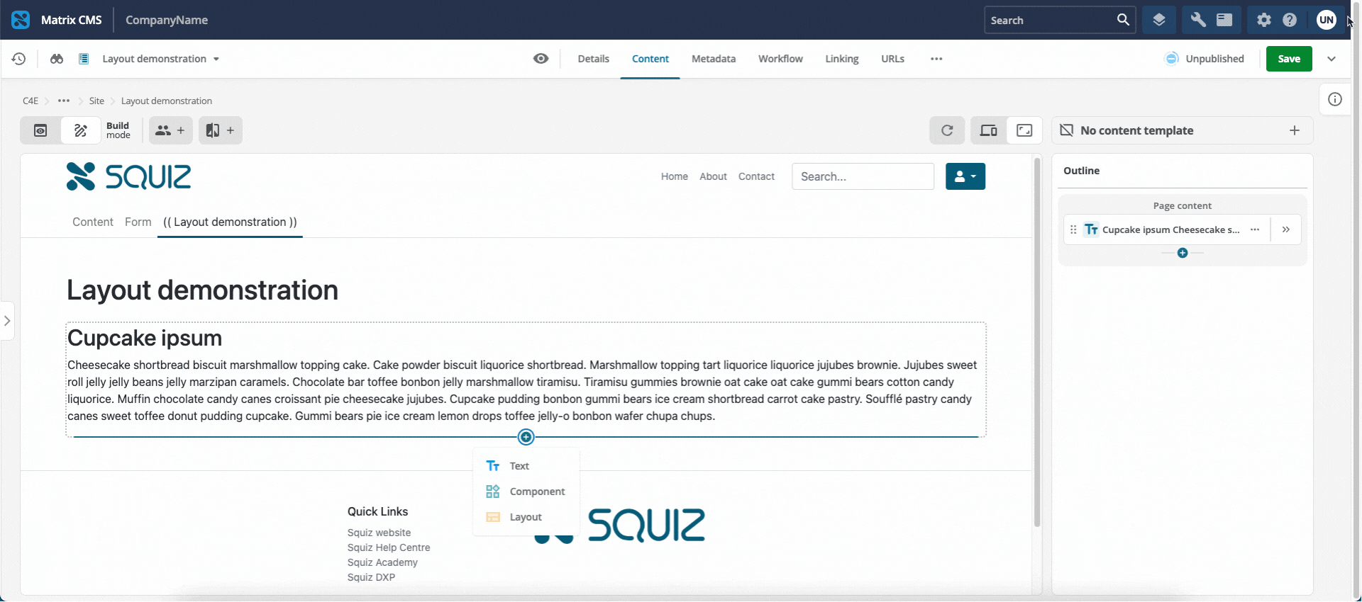 Screen capture showing how to add a layout in the Page Builder