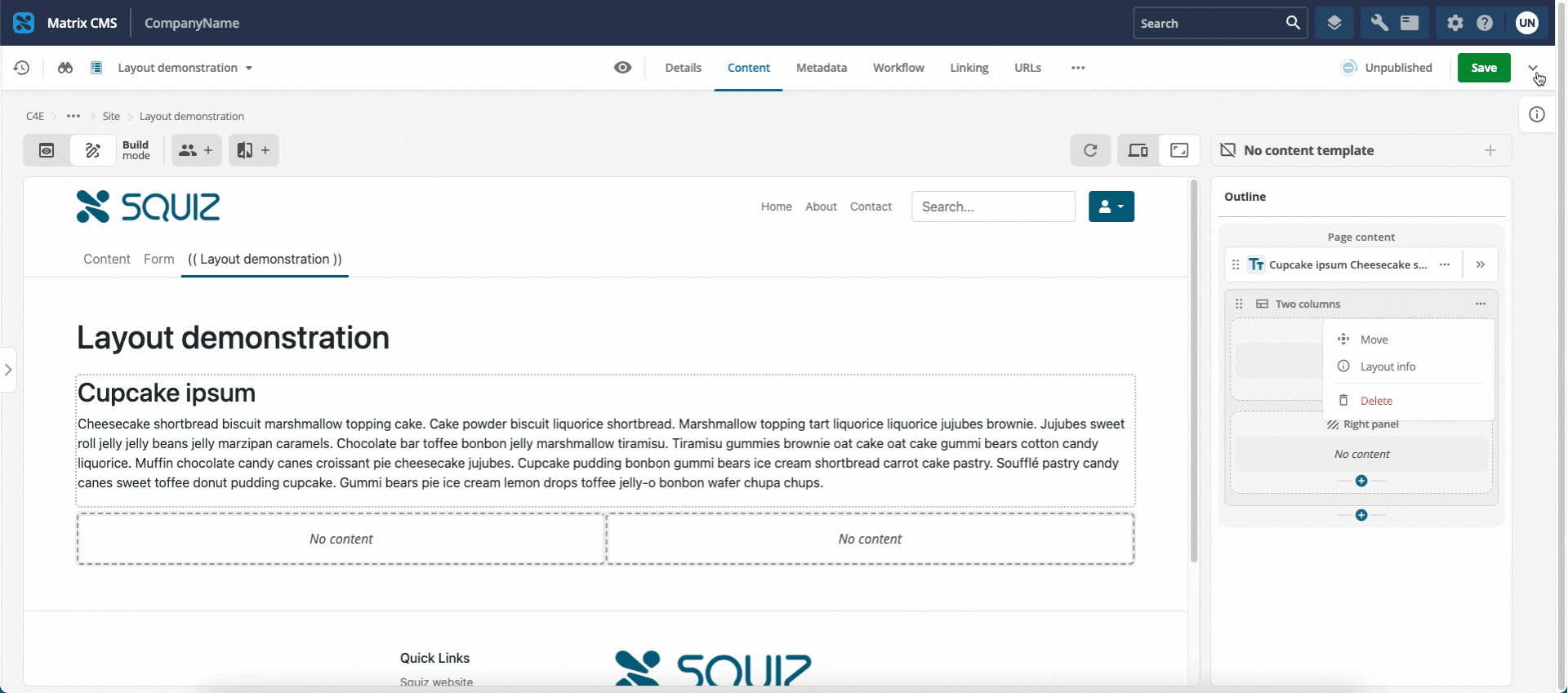 Screen capture showing layout information dialog