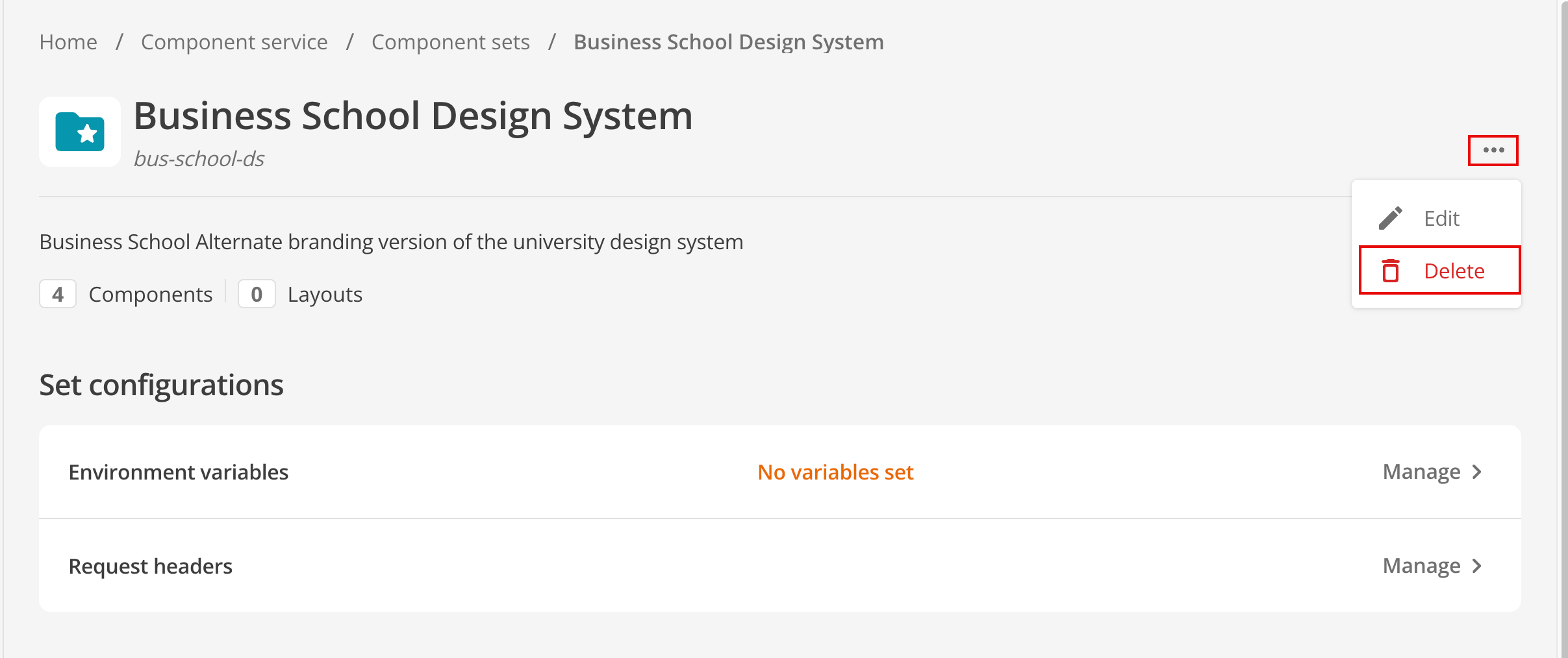 Screen capture of the component set detail page more actions menu (⋯)