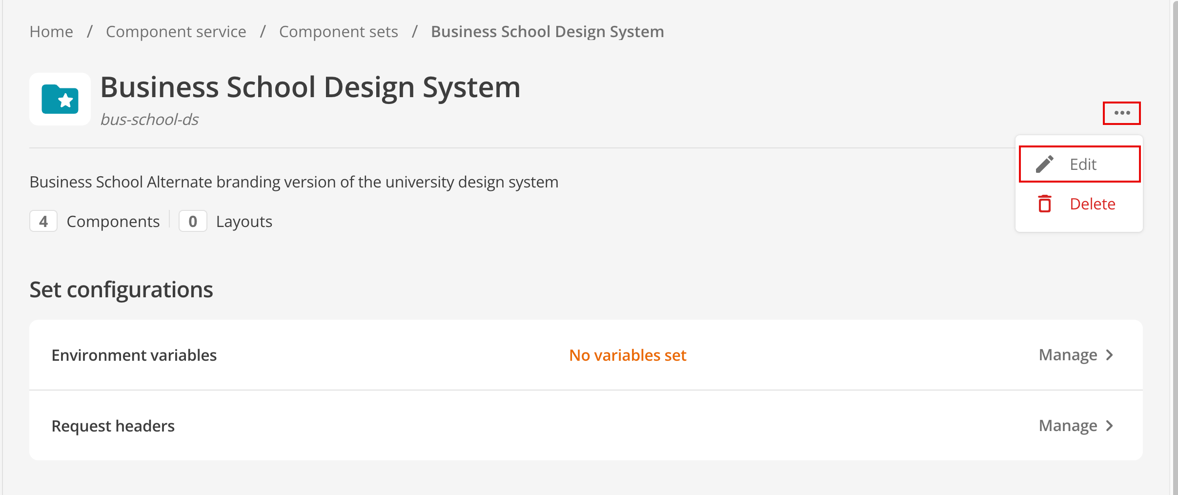 Screen capture of the component set detail page more actions menu (⋯)