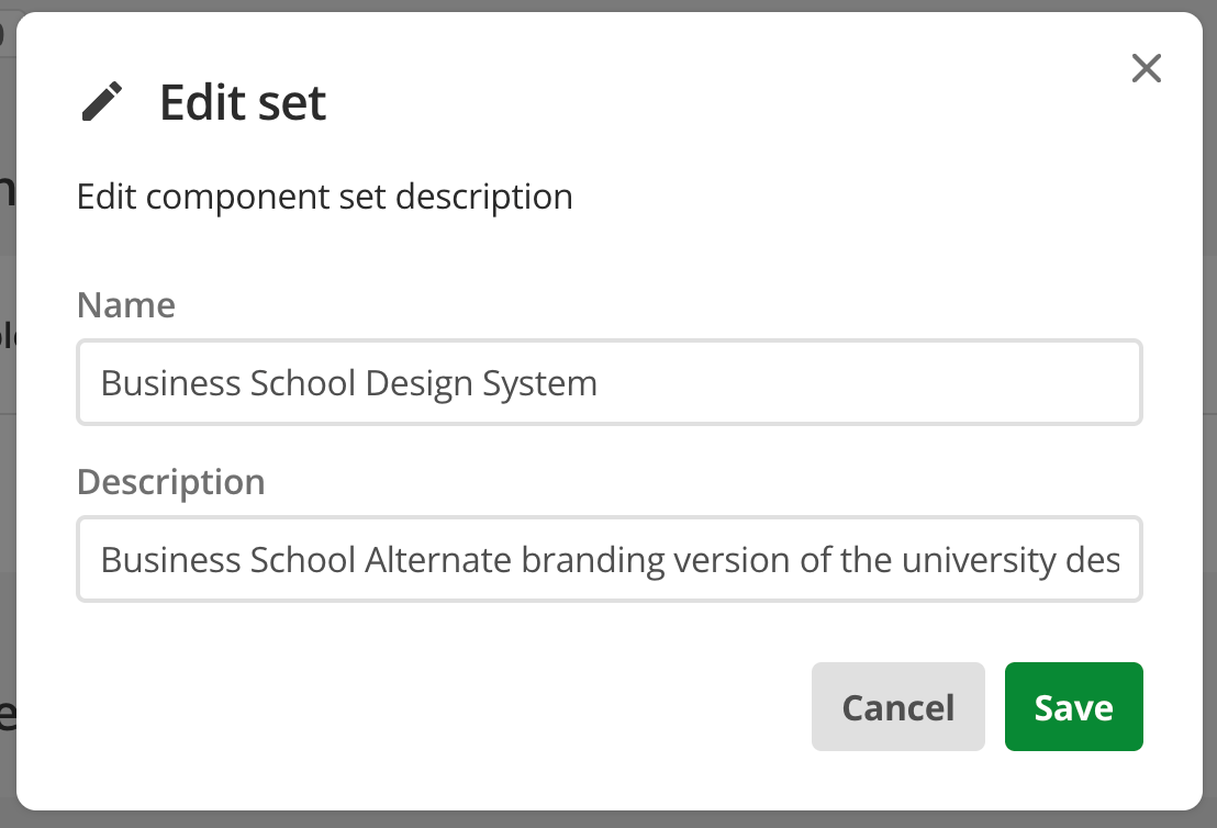 Screen capture of the Edit set dialog with Name and Description fields.