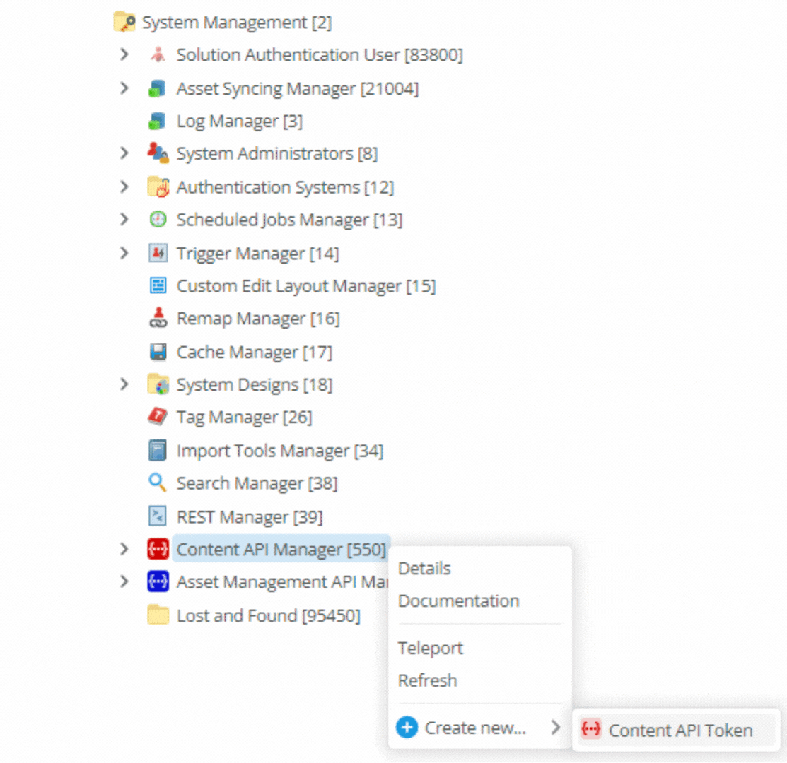 matrix asset tree content api manager create new content api token