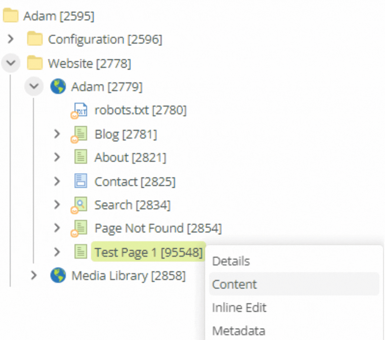 matrix site asset contextual menu content