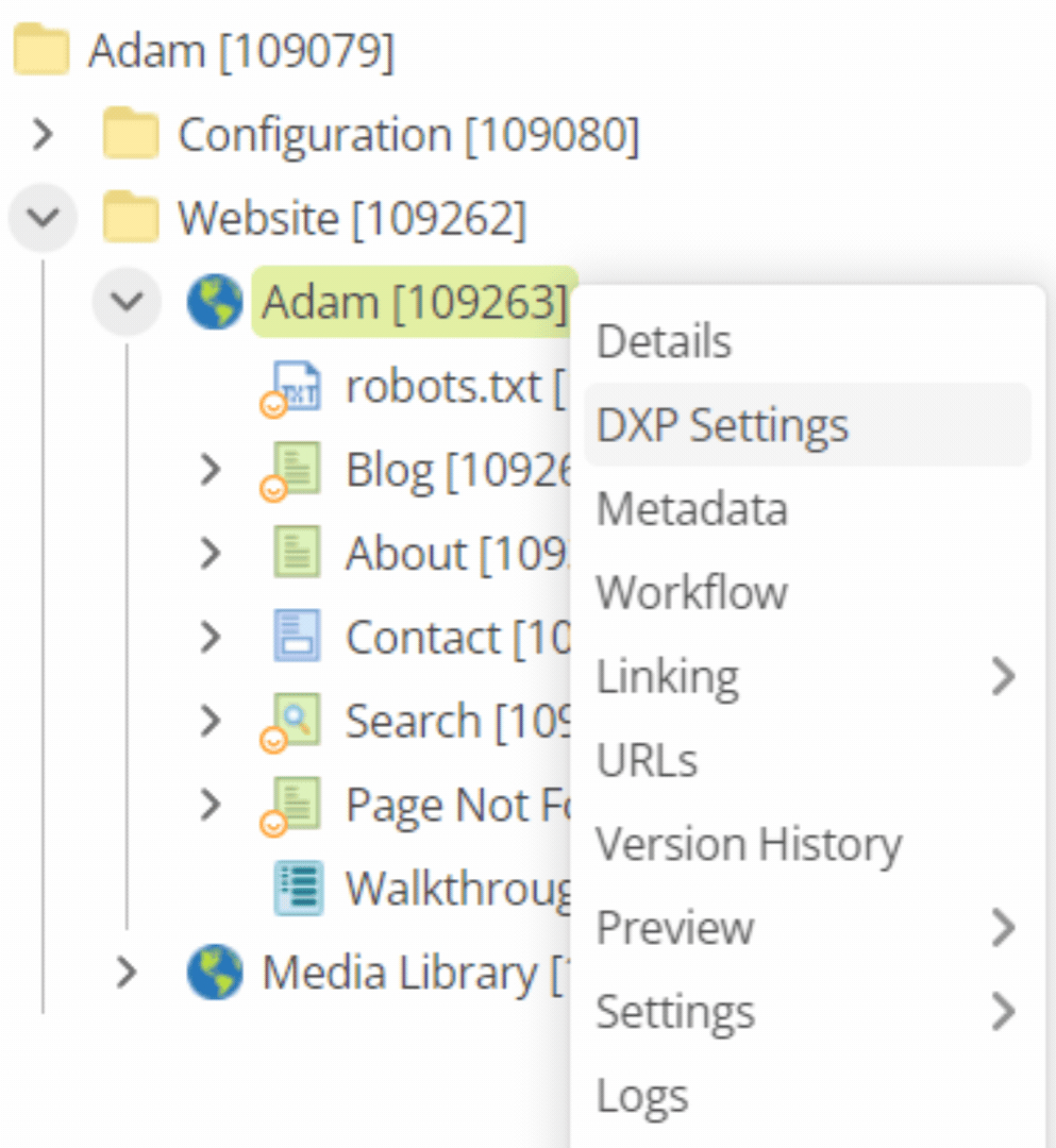 matrix site asset contextual menu dxp settings highlighted