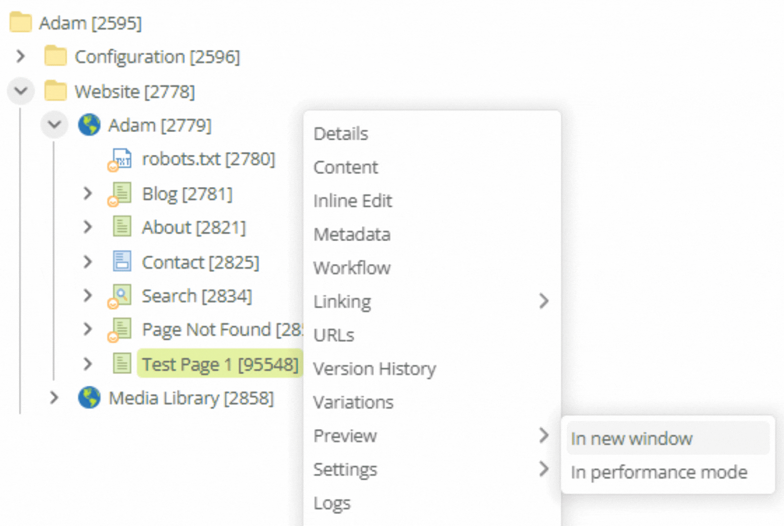 matrix site asset contextual menu preview in new window highlighted