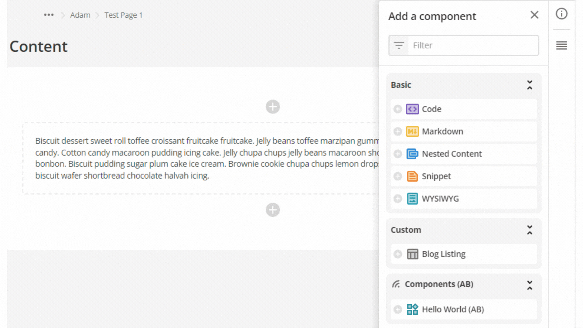 matrix standard page content add a component side panel