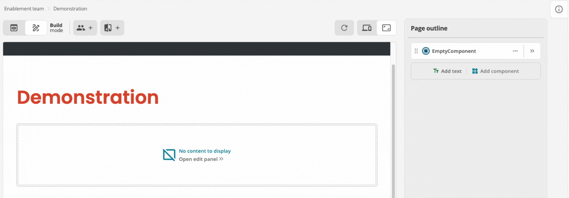 Preview showing Page Builder default empty state with the "No content to display" message and control to open the component in the page outline.