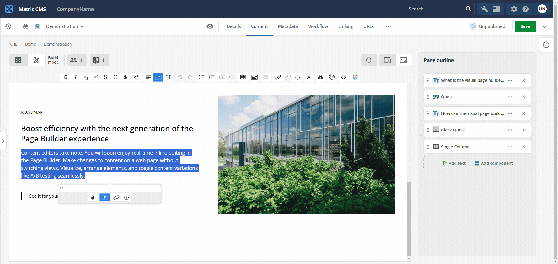 FormattedText field in the preview with the inline rich-text formatting toolbar visible.
