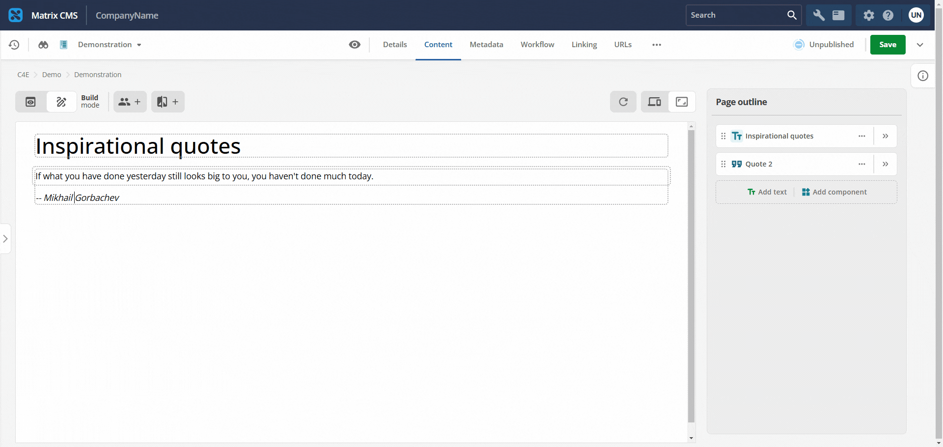 Preview column with content regions that support inline editing in Visual Page Builder.