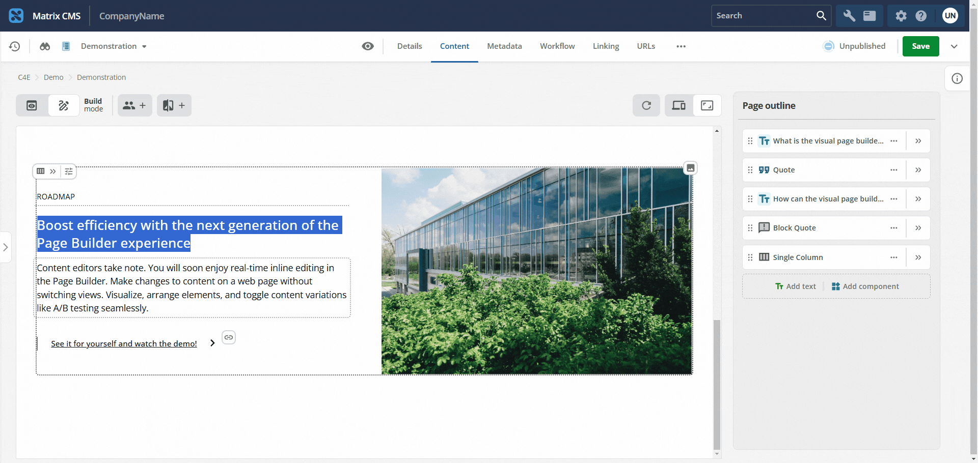 Screen capture of editing a simple text field directly in the preview column.