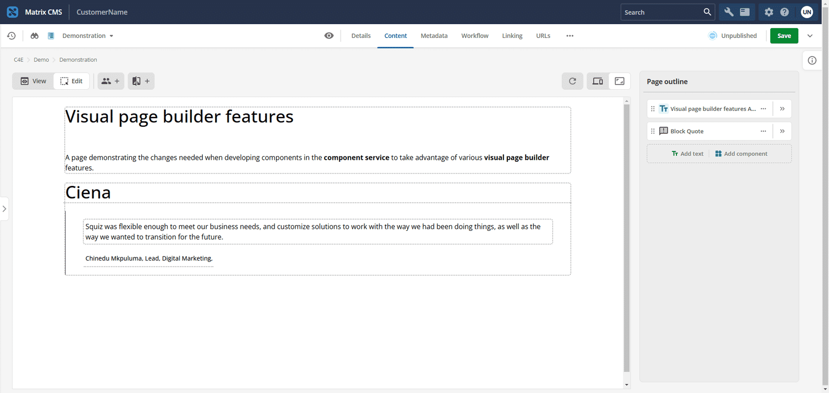 Visual Page Builder showing the page outline sidebar and main preview area.