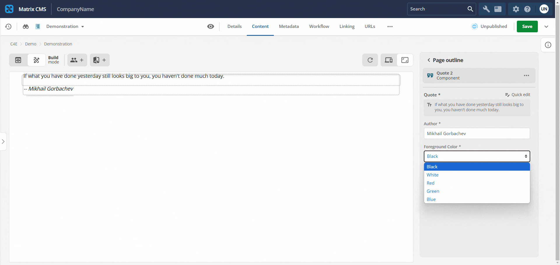 Screen recording: a property is edited in the page outline; the preview pane refreshes to show the change.