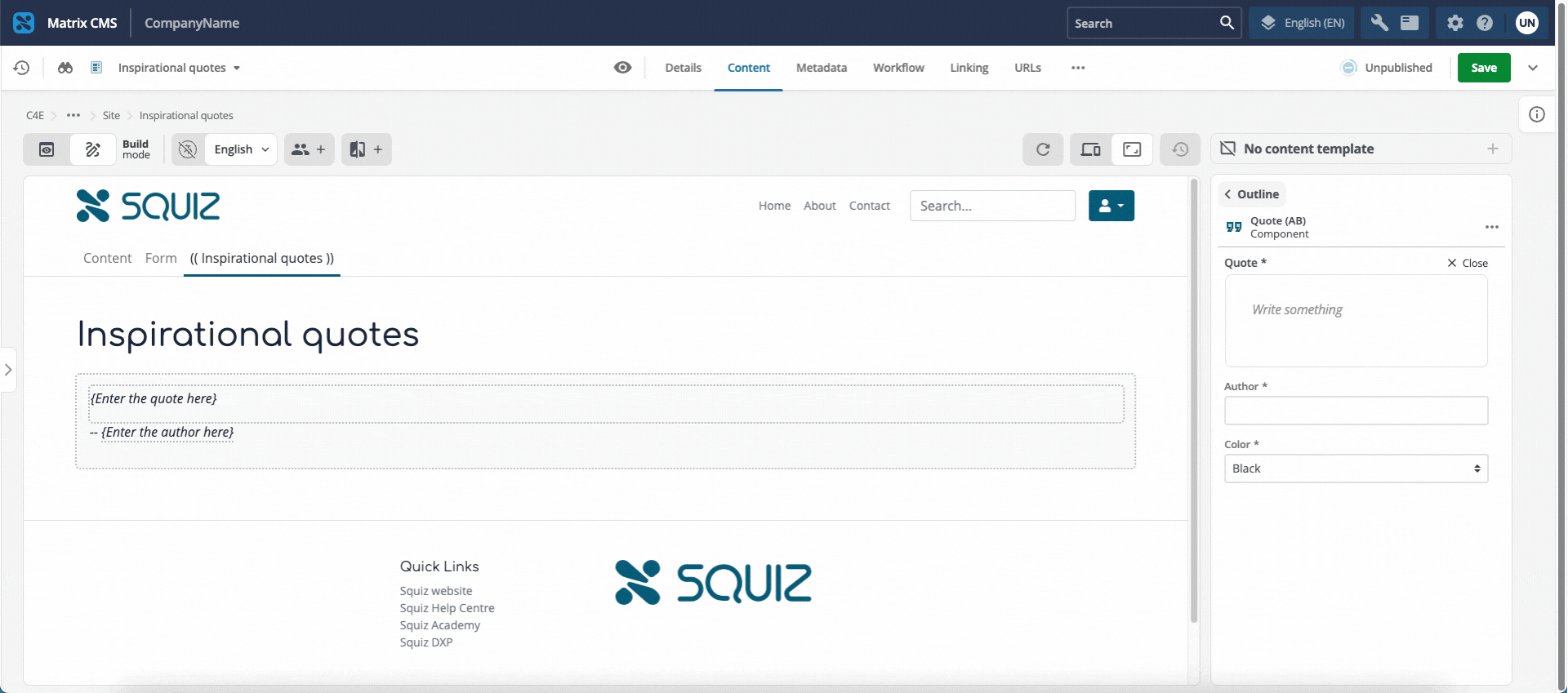 Page Builder preview showing placeholder copy on empty string and FormattedText fields before the editor enters content.