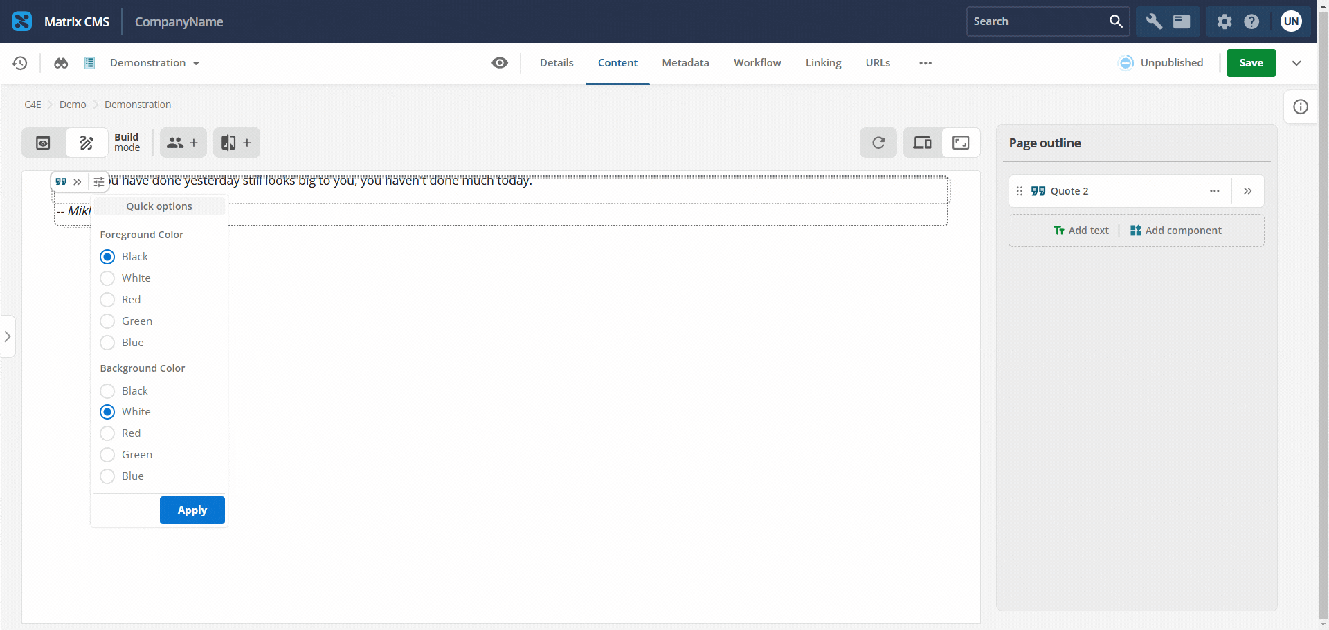 Open capsule dropdown listing quick option entries for the component.