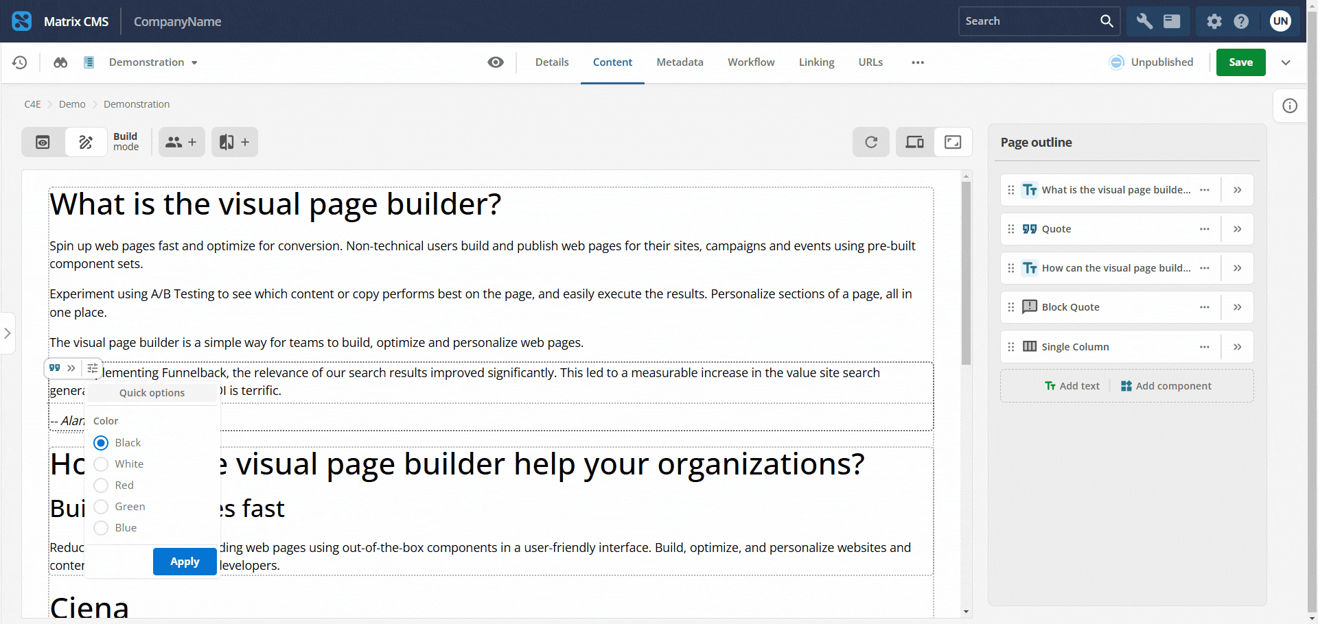 Component capsule in the preview column showing quick option controls.