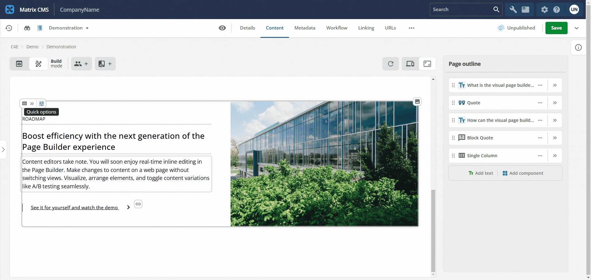 Visual Page Builder with page outline