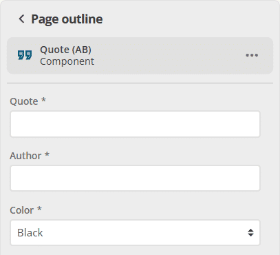 Page outline with the quote component selected to edit properties that are not inline-editable in the preview.