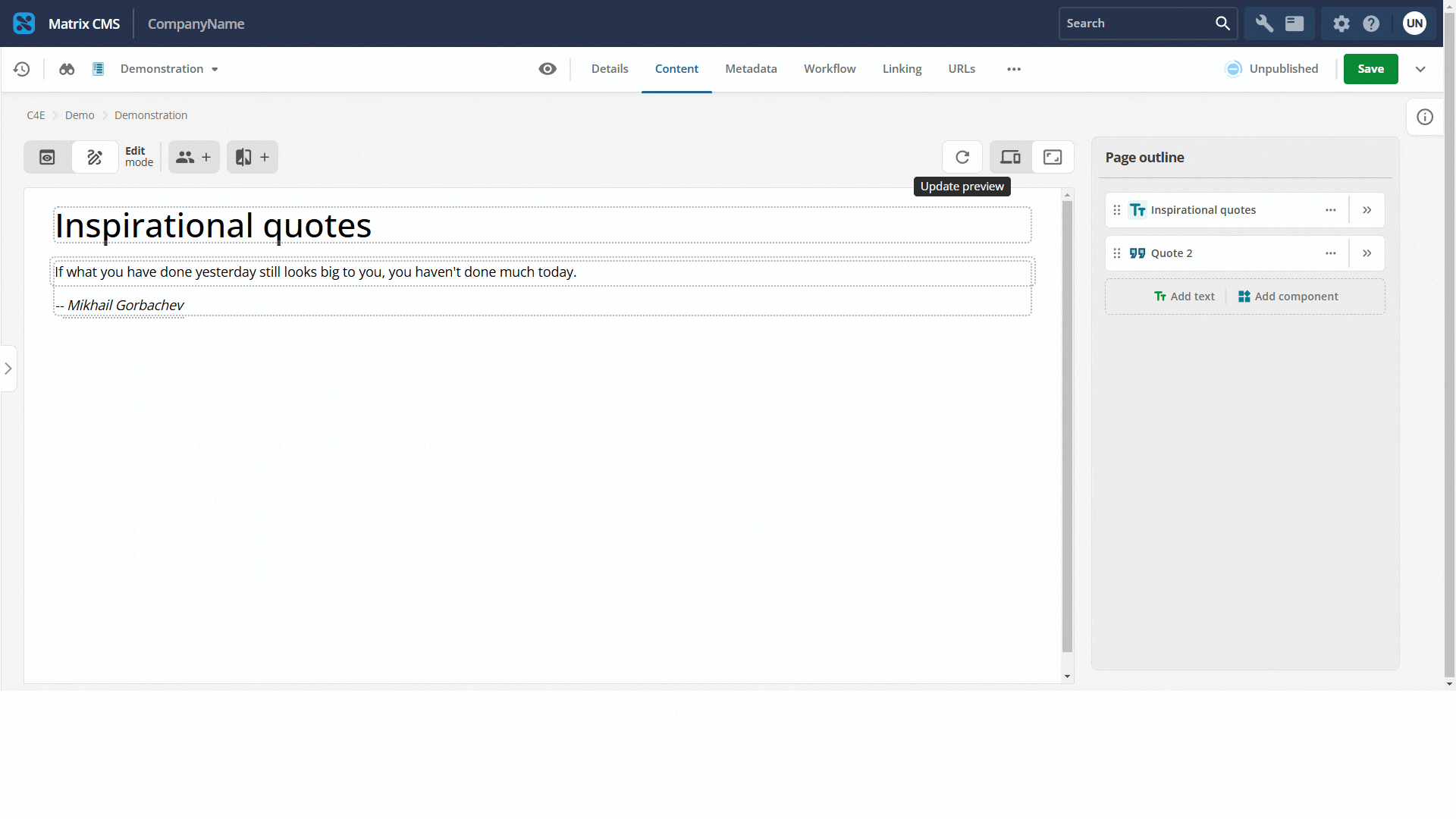 Toolbar in Visual Page Builder with the Update preview control highlighted.